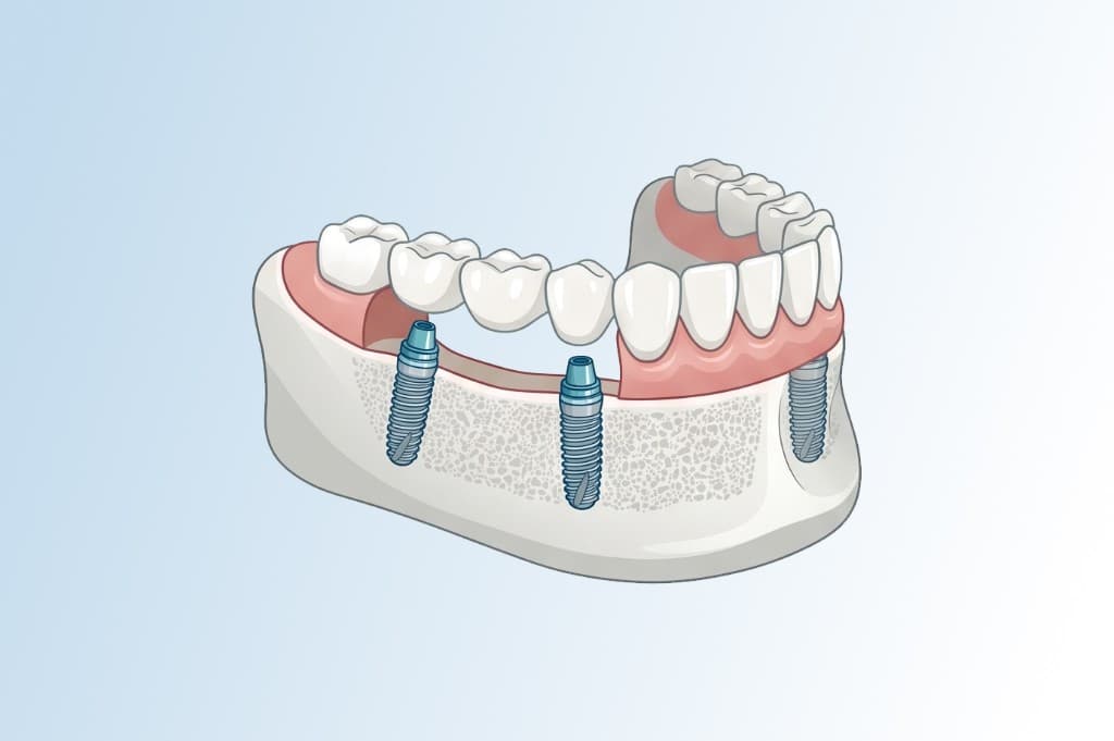 Schematische Darstellung: Kiefersegment mit Implantaten und fester Brückenversorgung auf Implantatpfeilern