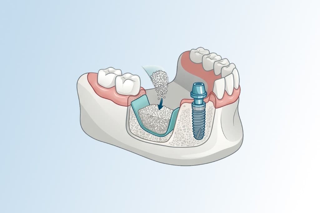 Schematische Darstellung: Kiefersegment mit geführter Knochenregeneration und benachbart gesetztem Implantat